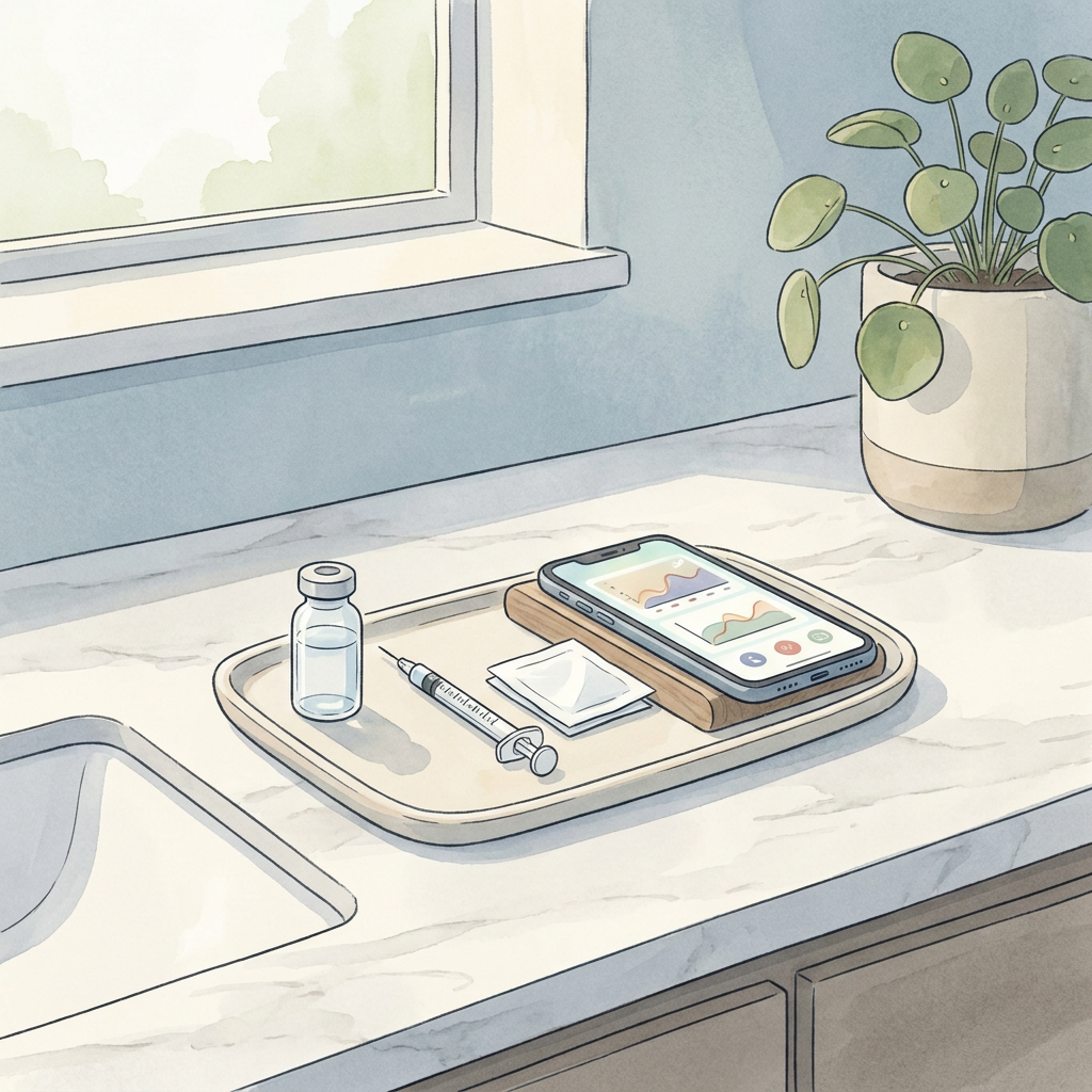 Tirzepatide vial, syringe, and smartphone reconstitution calculator app arranged on a counter