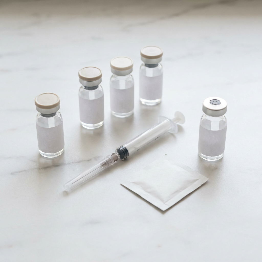 Peptide vials and syringe arranged for CJC-1295 and ipamorelin dosing