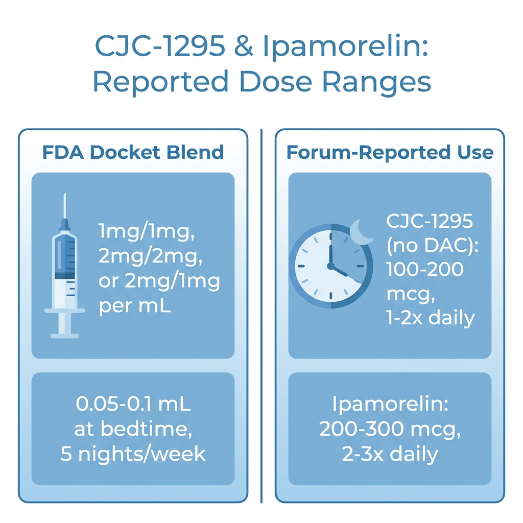 Infographic comparing FDA docket dosing range to forum-reported CJC-1295 and ipamorelin dosing