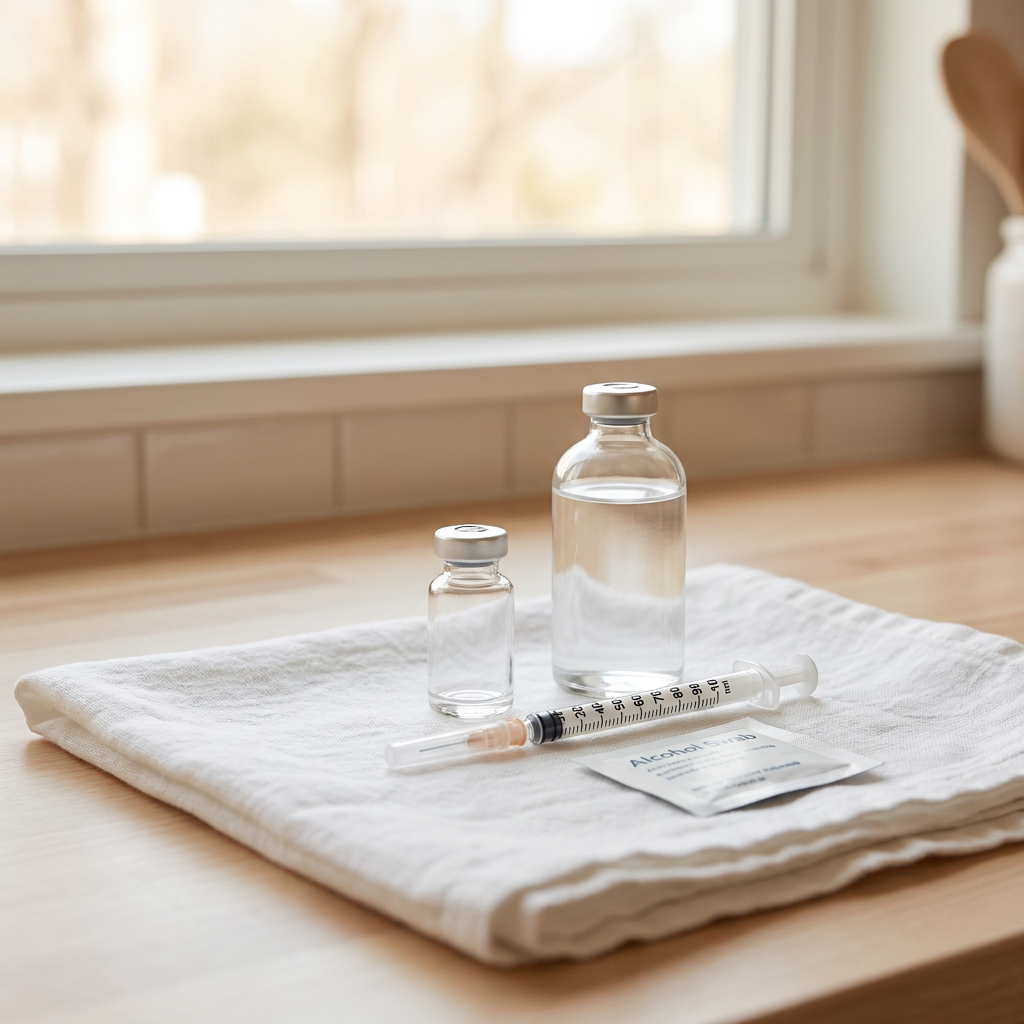 Vial, diluent, and insulin syringe arranged for peptide reconstitution calculation