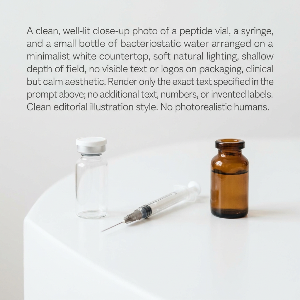 Peptide vial, syringe, and bacteriostatic water used for reconstitution calculations