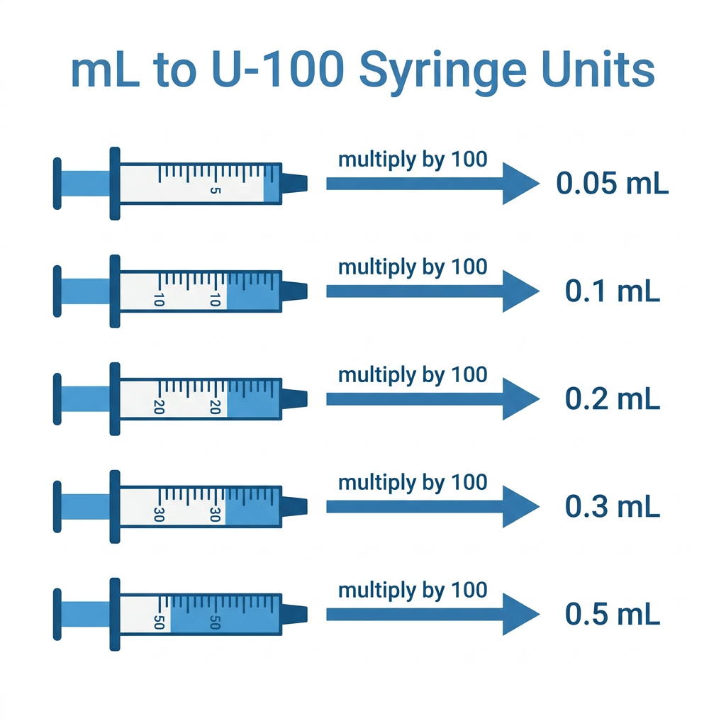 Infographic converting milliliter draw volumes to U-100 insulin syringe units
